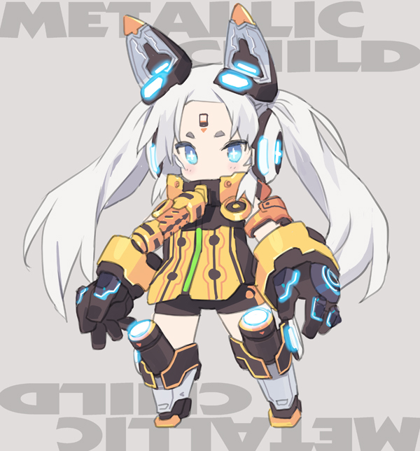 1girl black_gloves black_leotard blade_(galaxist) blue_eyes blush character_request chibi facial_mark forehead_mark full_body gloves glowing grey_background grey_footwear headgear kneebar leotard long_hair looking_at_viewer mecha_musume metallic_child short_eyebrows simple_background solo standing thick_eyebrows twintails very_long_hair white_hair