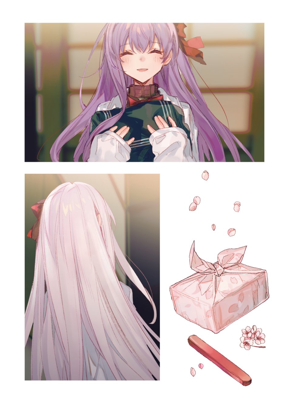 bangs bb_(fate) bb_(fate)_(all) cherry_blossoms chocoan closed_eyes coat fate_(series) highres long_hair long_sleeves lunchbox open_mouth petals purple_hair red_ribbon ribbon sleeves_past_wrists smile white_coat white_hair