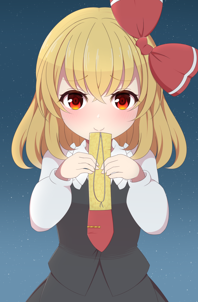 1girl bangs black_vest blonde_hair bow closed_mouth eyebrows_visible_through_hair hair_bow highres holding long_sleeves looking_at_viewer medium_hair outdoors red_bow red_eyes red_neckwear rumia shirt sky smile solo star_(sky) starry_sky takapi_3 tanabata touhou vest white_shirt