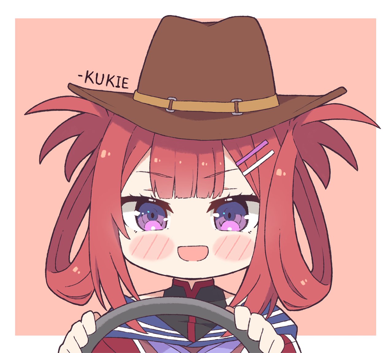 1girl artist_name atelier_live blush chibi cowboy_hat driving eyebrows_visible_through_hair hair_ornament hair_rings hairclip hat kani_kanizawa kukie-nyan open_mouth redhead sailor_collar smile solo steering_wheel violet_eyes virtual_youtuber