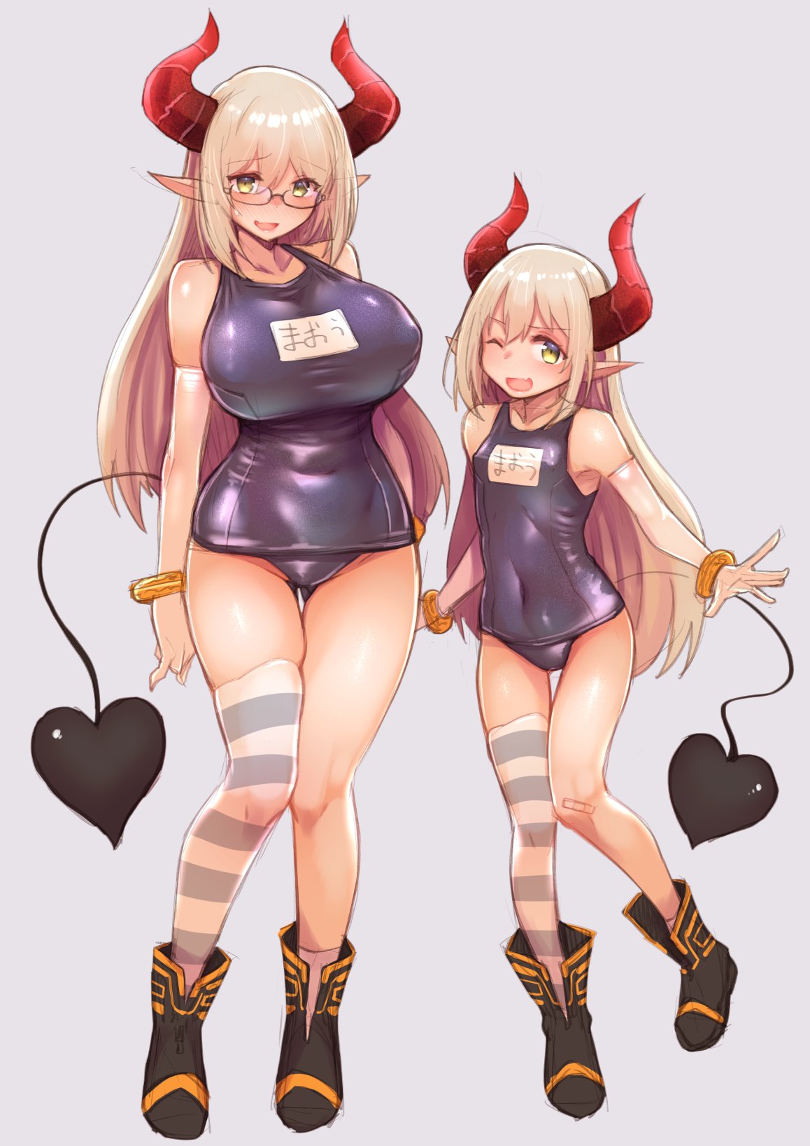 blonde_hair blush breasts curled_horns demon_girl demon_horns demon_tail emma_august glasses green_eyes highres horns kagami_uekusa large_breasts name_tag nijisanji old_school_swimsuit older one-piece_swimsuit pointy_ears red_horns school_swimsuit single_thighhigh striped striped_legwear swimsuit tail thigh-highs time_paradox virtual_youtuber