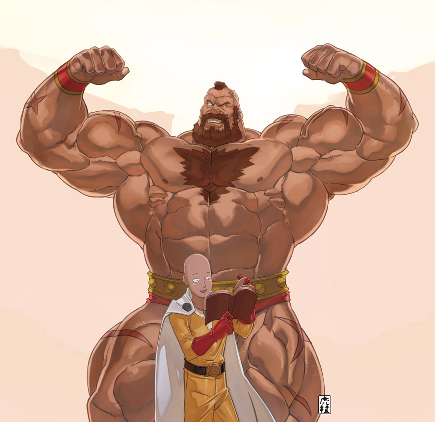 2boys abs bald bare_pectorals beard biceps bodysuit book cape chest_hair crossover dark-skinned_male dark_skin facial_hair feet_out_of_frame flexing giant giant_male holding holding_book itadori_shuu large_pectorals male_focus mature_male mohawk multiple_boys muscular muscular_male nipples one-punch_man pectorals pose reading saitama_(one-punch_man) scar_on_arm scar_on_leg short_hair size_difference smile standing stomach street_fighter thick_thighs thighs white_cape wrestling_outfit yellow_bodysuit zangief