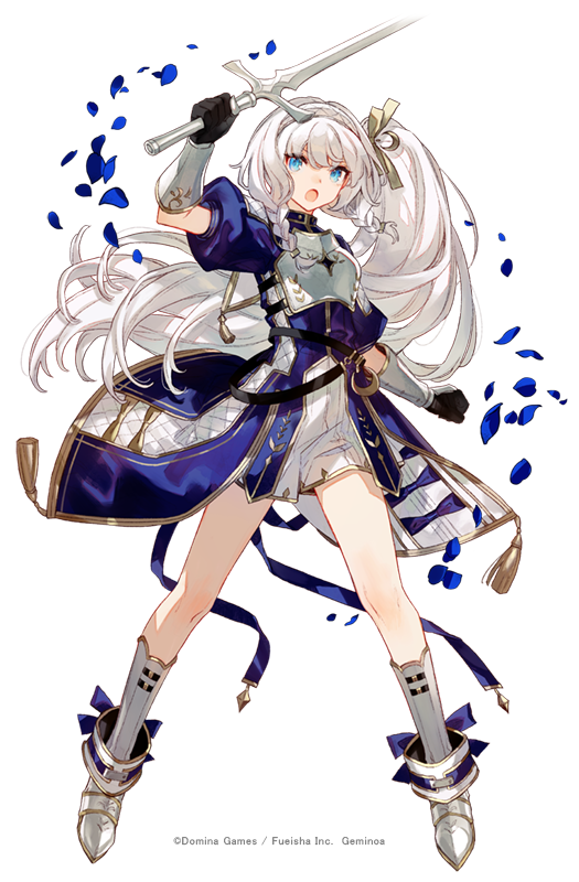 1girl armor bangs black_gloves blue_eyes braid character_request chocoan full_body geminoa gloves headband knight one_side_up open_mouth petals plate_armor puffy_short_sleeves puffy_sleeves short_sleeves solo sword twin_braids weapon white_background white_hair