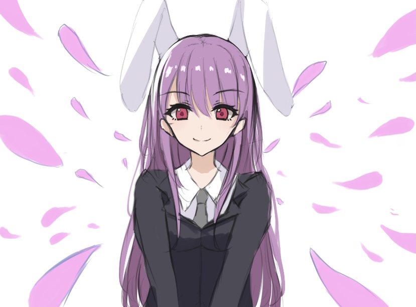 .me 1girl animal_ears bangs black_collar black_jacket black_sleeves closed_mouth collar extra_ears eyebrows_visible_through_hair grey_neckwear hair_between_eyes jacket long_hair long_sleeves looking_at_viewer necktie pink_eyes purple_hair rabbit_ears reisen_udongein_inaba shirt simple_background sketch smile solo touhou white_background white_collar white_shirt