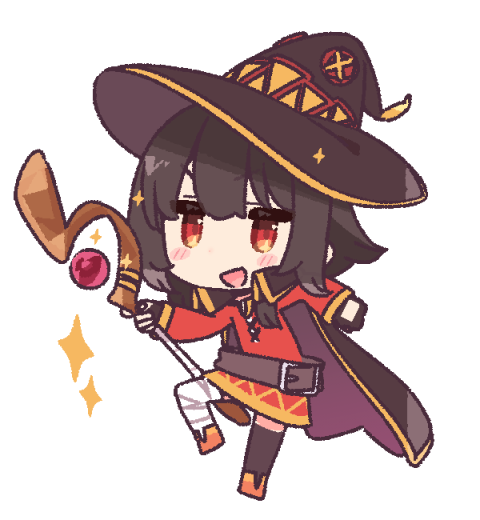 1girl :d bandages belt blush brown_belt brown_hair cape chibi dress hat kono_subarashii_sekai_ni_shukufuku_wo! megumin open_mouth orb red_dress red_eyes shine short_hair smile solo thigh-highs wand witch_hat yoru_nai