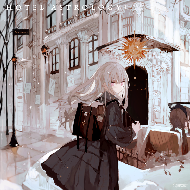 2girls asahiro backpack bag bangs black_coat brown_hair building closed_mouth coat column commentary_request cowboy_shot door grey_hair hair_between_eyes hair_ornament hairband hand_up headdress lamp long_hair long_sleeves looking_at_viewer looking_to_the_side low_twintails multiple_girls original out_of_frame outdoors paper pillar pink_eyes puffy_sleeves sideways_glance solo_focus sparkle standing twintails window