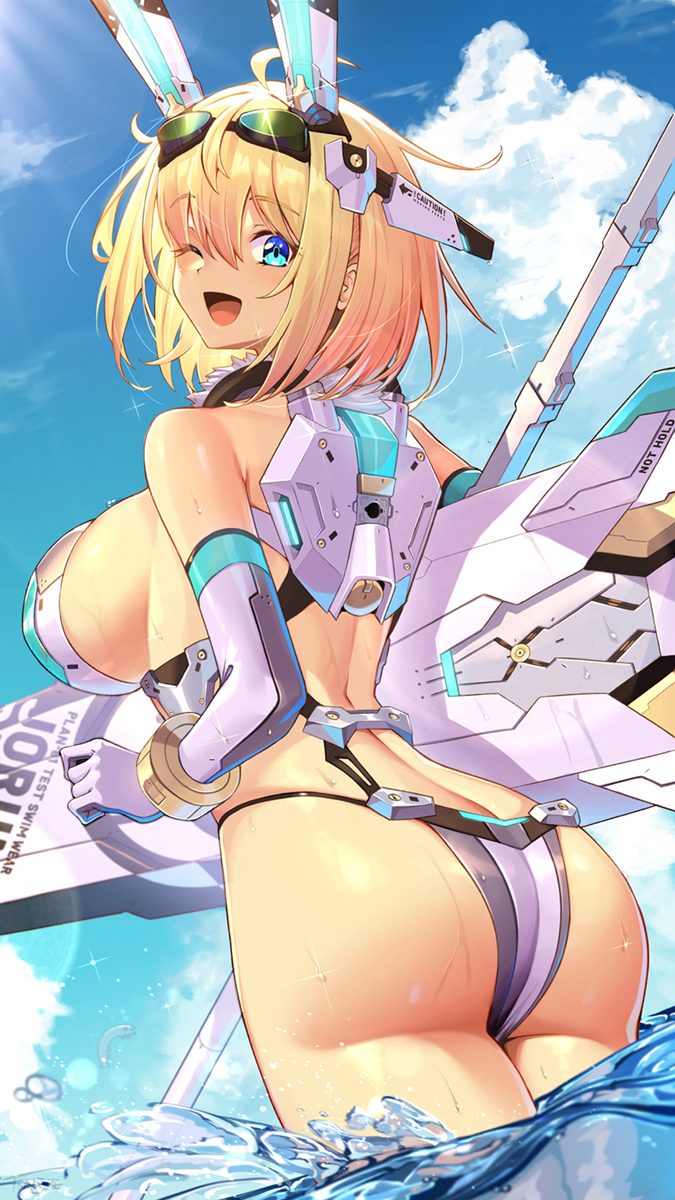 1girl ;d ahoge armor ass back bare_shoulders bikini_armor blonde_hair blue_eyes blue_sky blush bracelet breasts clouds cowboy_shot day elbow_gloves from_behind gloves goggles goggles_on_head headgear highres huge_weapon jewelry large_breasts looking_at_viewer looking_back mechanical_ears nadare-san_(nadare3nwm) one_eye_closed open_mouth original outdoors short_hair sideboob sky smile solo sparkle wading water weapon white_gloves