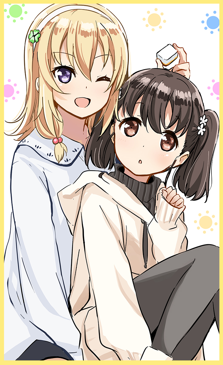 2girls abe_kanari black_hair black_legwear blonde_hair brown_eyes clover_hair_ornament flower four-leaf_clover_hair_ornament hair_bobbles hair_flower hair_ornament hairband high_school_fleet highres holding hood hoodie mahjong mahjong_tile medium_hair multiple_girls one_eye_closed open_mouth pantyhose ribbed_sweater shiretoko_rin smile sweater twintails violet_eyes wakasa_reo white_hairband