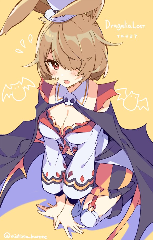 1girl althemia animal_ears bangs blonde_hair breasts cape dragalia_lost eyebrows_visible_through_hair hair_over_one_eye halloween_costume hat kneeling looking_at_viewer medium_breasts mini_hat mini_top_hat mishima_kurone official_alternate_costume open_mouth rabbit_ears short_hair skull_collar solo top_hat violet_eyes yellow_background