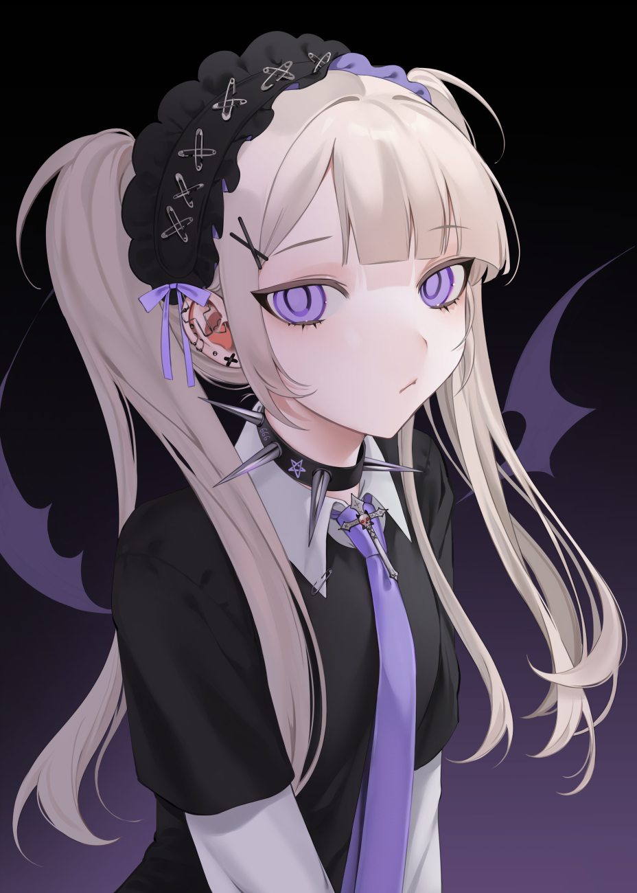 1girl :/ bangs black_background black_choker black_shirt blonde_hair blunt_bangs choker closed_mouth commentary_request cross earrings eyebrows_visible_through_hair gloves gradient gradient_background hair_ornament hairband highres jewelry layered_sleeves lolita_hairband long_hair long_sleeves looking_at_viewer necktie ompf original piercing purple_background purple_neckwear shirt short_over_long_sleeves short_sleeves solo spiked_choker spikes twintails upper_body violet_eyes wings
