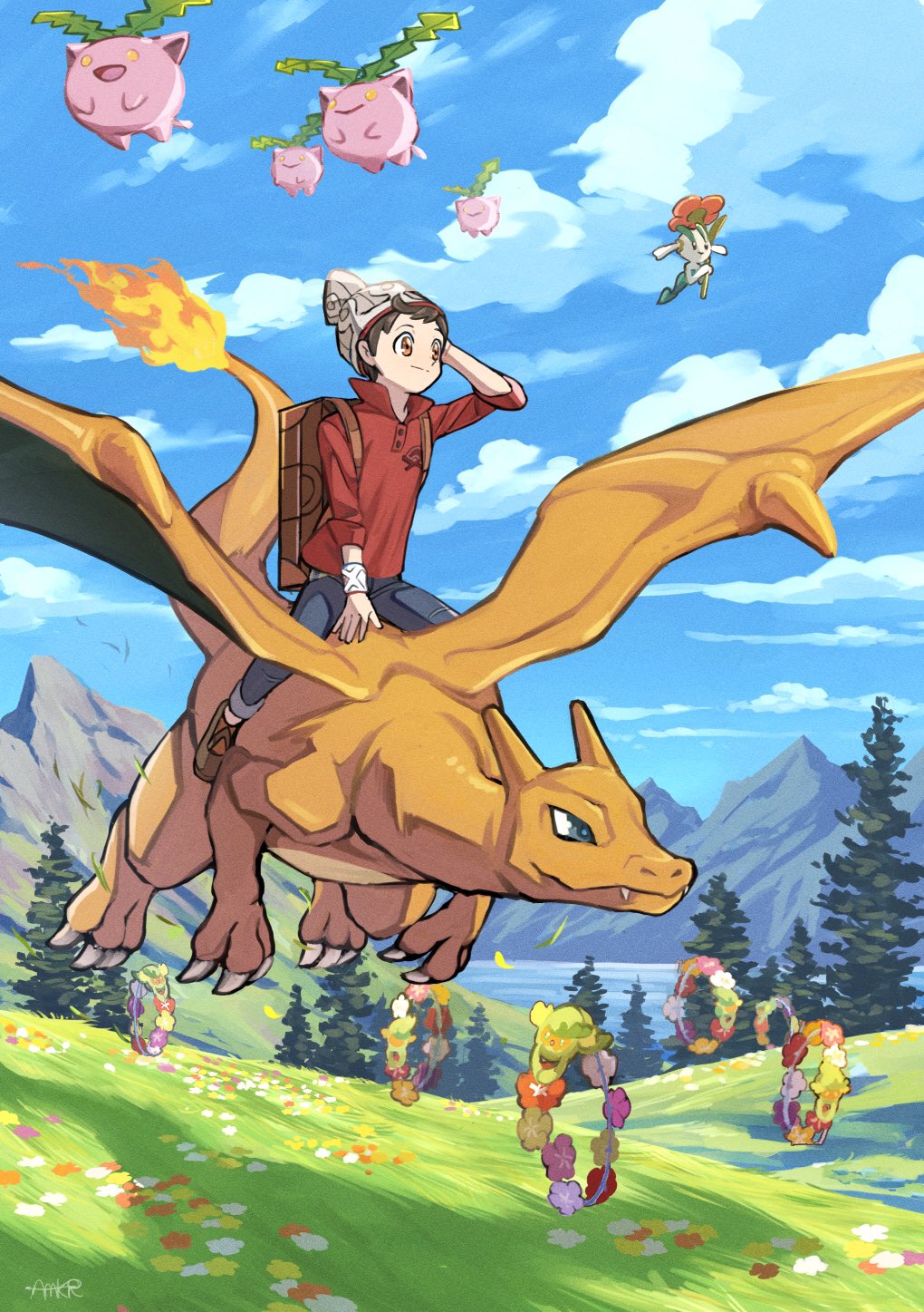 1boy amakara000 beanie brown_eyes brown_footwear brown_hair cable_knit charizard closed_mouth clouds comfey day dynamax_band fire flame floette floette_(red) flower gen_1_pokemon gen_2_pokemon gen_6_pokemon gen_7_pokemon grass grey_headwear grey_pants hat highres hoppip leaves_in_wind male_focus mountain outdoors pants pokemon pokemon_(creature) pokemon_(game) pokemon_swsh red_shirt riding riding_pokemon shirt shoes signature sky sleeves_rolled_up smile suitcase tree victor_(pokemon)