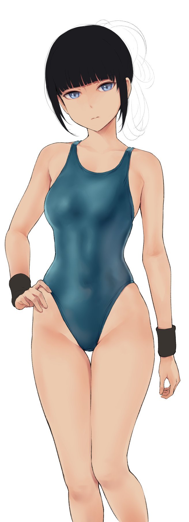 1girl bangs bare_shoulders black_hair blue_eyes blue_swimsuit blunt_bangs blush breasts closed_mouth collarbone highleg highleg_swimsuit highres looking_at_viewer medium_breasts one-piece_swimsuit original short_hair solo swimsuit thighs wa_(genryusui) work_in_progress wristband