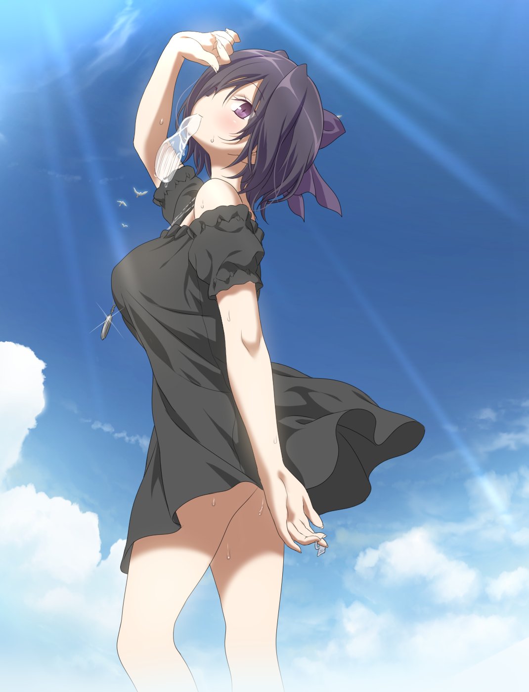 1girl black_dress black_hair blush bow breasts character_request copyright_request dress feet_out_of_frame from_below from_side hair_bow head_tilt highres koku large_breasts light_rays looking_at_viewer looking_down looking_to_the_side mouth_hold off-shoulder_dress off_shoulder shading_eyes short_dress short_hair solo summer sunbeam sunlight sweat tupet violet_eyes