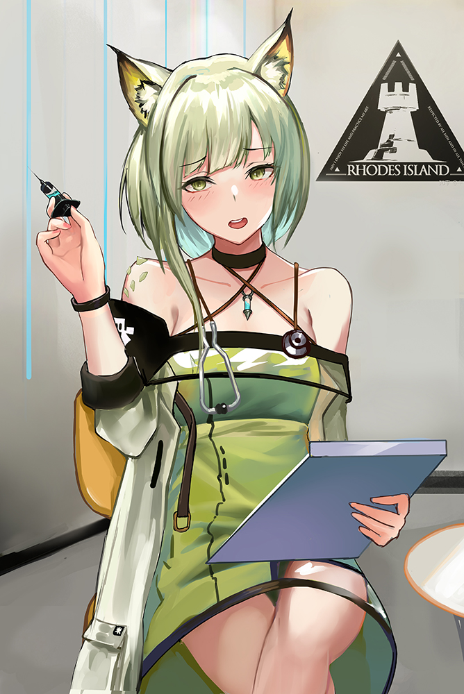 1girl animal_ear_fluff animal_ears arknights bangs bare_shoulders black_choker cat_ears chinese_commentary choker commentary_request criss-cross_halter dress eyebrows_visible_through_hair green_dress grey_eyes halterneck hand_up holding kal'tsit_(arknights) long_sleeves looking_at_viewer lynx_ears off-shoulder_dress off_shoulder open_mouth oripathy_lesion_(arknights) rhodes_island_logo short_hair silver_hair solo stethoscope upper_body wuguno_ziran_juan