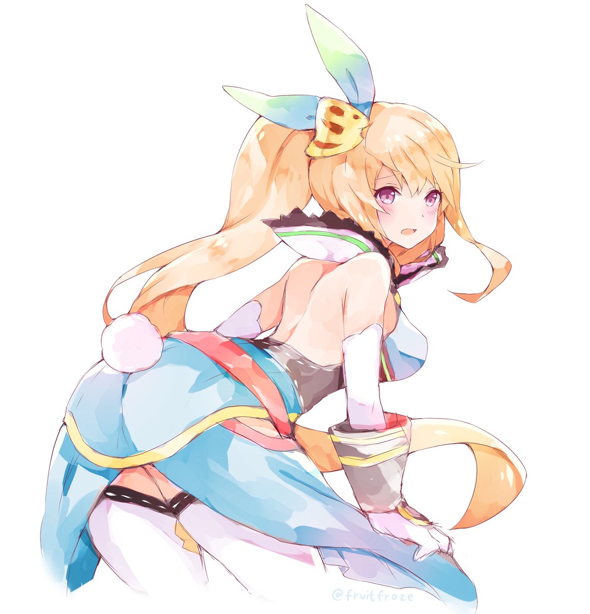 1girl bangs bare_back bare_shoulders blonde_hair breasts dragalia_lost elisanne fruitfroze highres long_hair looking_at_viewer medium_breasts open_mouth ponytail solo thigh-highs violet_eyes
