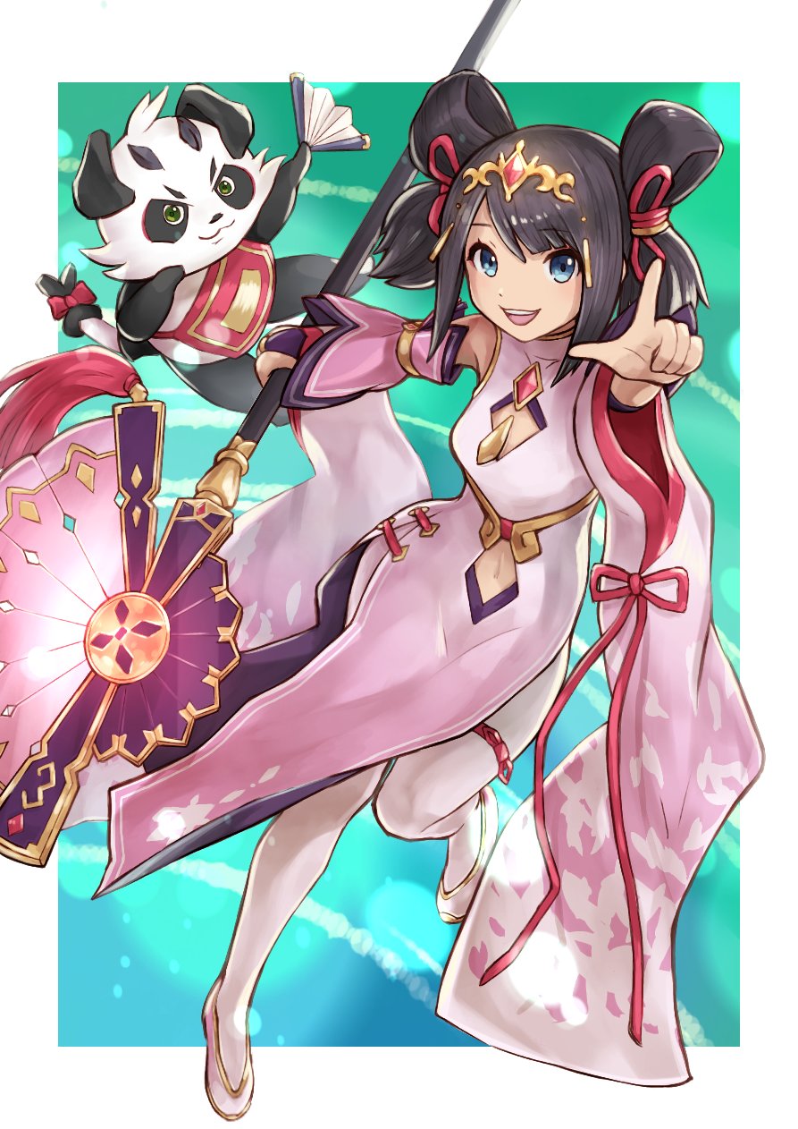 1girl bangs black_hair blue_eyes breasts chinese_clothes dragalia_lost fan gurugurere highres holding holding_fan holding_staff lin_you looking_at_viewer navel open_mouth panda pointing pointing_at_viewer smile staff