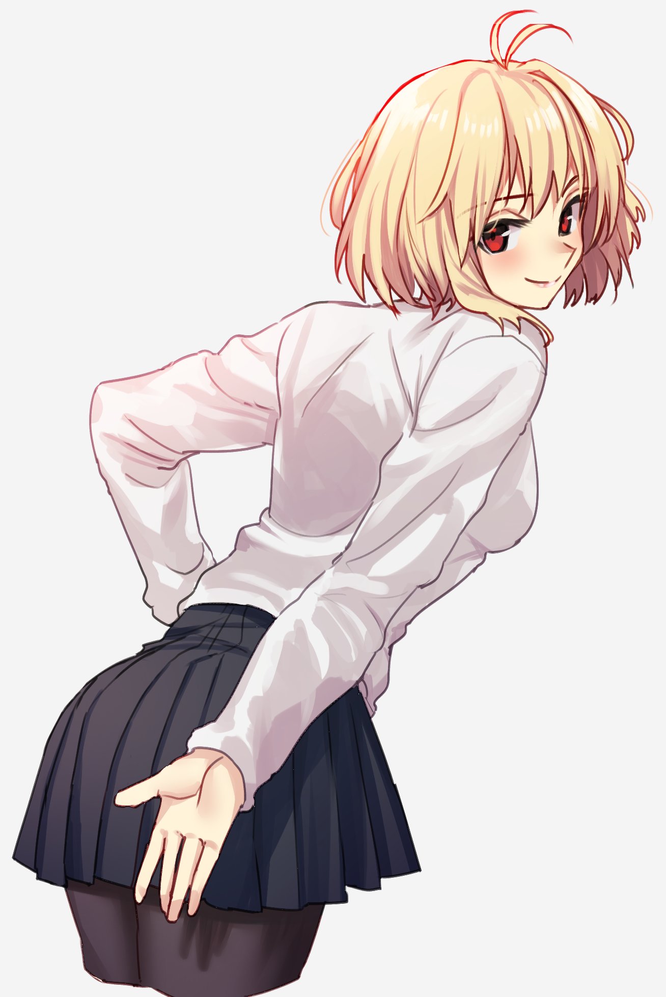 1girl antenna_hair arcueid_brunestud arm_behind_back bangs benbe black_legwear black_skirt blonde_hair blush breasts closed_mouth cowboy_shot cropped_legs eyebrows_visible_through_hair from_behind grey_background hand_on_hip highres leaning_forward long_sleeves looking_at_viewer looking_back medium_breasts miniskirt pantyhose pleated_skirt red_eyes short_hair simple_background skirt skirt_tug smile solo standing sweater tsukihime tsukihime_(remake) white_sweater