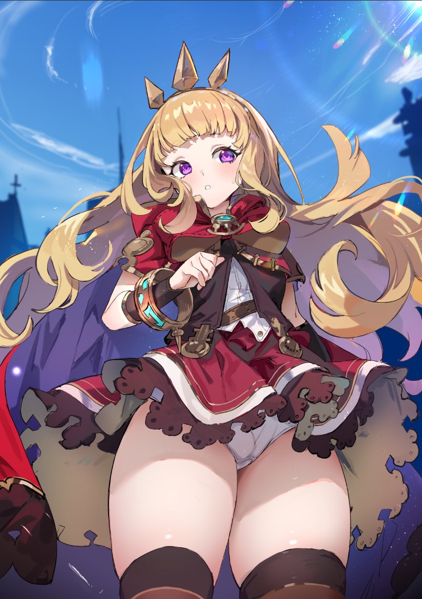 1girl bangle bangs black_legwear blonde_hair blue_sky blunt_bangs bracelet brooch cagliostro_(granblue_fantasy) cape capelet clothes_lift clouds cloudy_sky cowboy_shot crotch_seam day dress dress_lift granblue_fantasy hairband hood hood_down hooded_capelet jewelry long_hair looking_at_viewer outdoors panties pantyshot parted_lips red_cape red_dress seinen short_dress short_hair short_sleeves skindentation sky solo spiked_hairband spikes standing thigh-highs underwear very_short_hair violet_eyes white_panties wind wind_lift