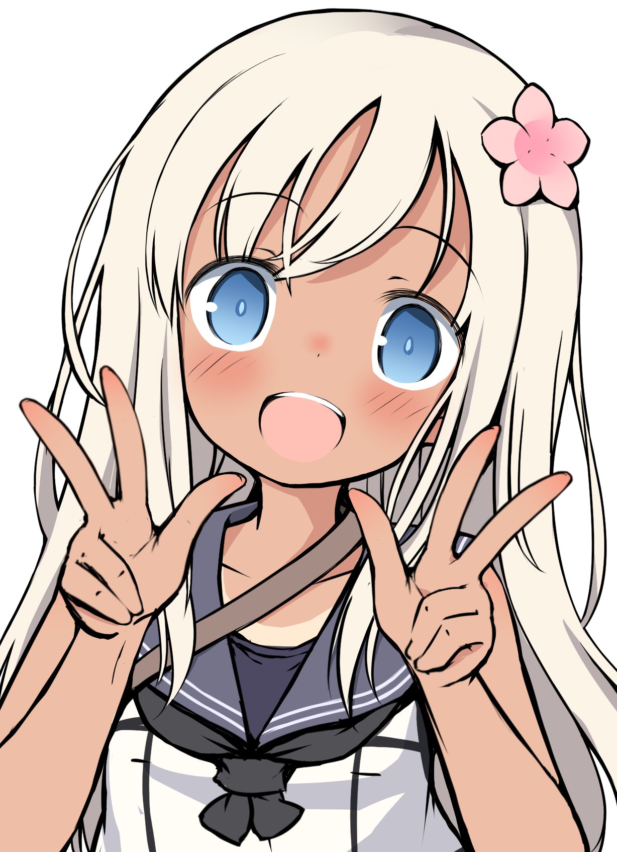 1girl :d blonde_hair blue_eyes blush commentary_request crop_top double_v eyebrows_visible_through_hair flower hair_flower hair_ornament highres kantai_collection kupuru_(hirumamiyuu) long_hair looking_at_viewer one-piece_swimsuit one-piece_tan open_mouth ro-500_(kancolle) sailor_collar school_swimsuit school_uniform simple_background smile solo swimsuit swimsuit_under_clothes tan tanline upper_body v white_background