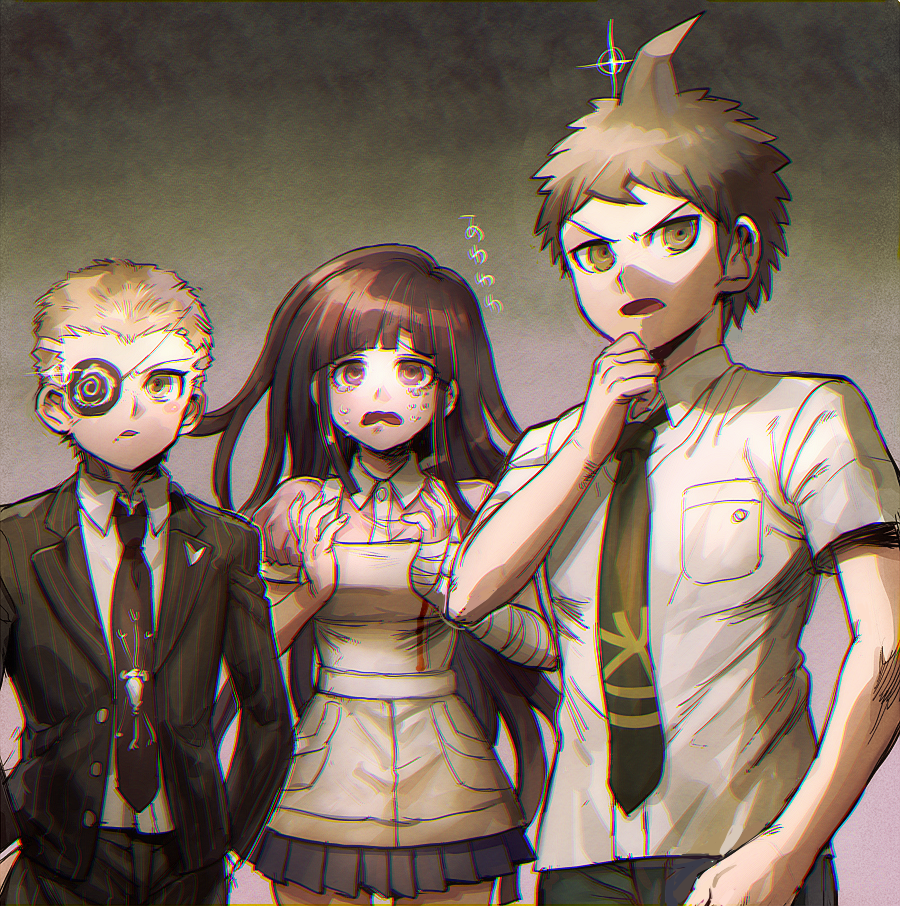 1girl 2boys ahoge aoki_(fumomo) apron bandages bangs black_eyepatch black_hair black_jacket black_neckwear black_pants blonde_hair blush_stickers breast_pocket brown_hair collared_shirt commentary_request cowboy_shot crying dangan_ronpa_(series) dangan_ronpa_2:_goodbye_despair formal green_neckwear hand_on_hip hand_up hands_in_pockets hinata_hajime jacket kuzuryuu_fuyuhiko long_hair long_sleeves looking_at_viewer miniskirt mole mole_under_mouth multiple_boys necktie open_clothes open_jacket open_mouth pants pink_shirt pleated_skirt pocket print_neckwear puffy_short_sleeves puffy_sleeves shirt short_hair short_sleeves skirt striped_jacket translation_request tsumiki_mikan white_apron