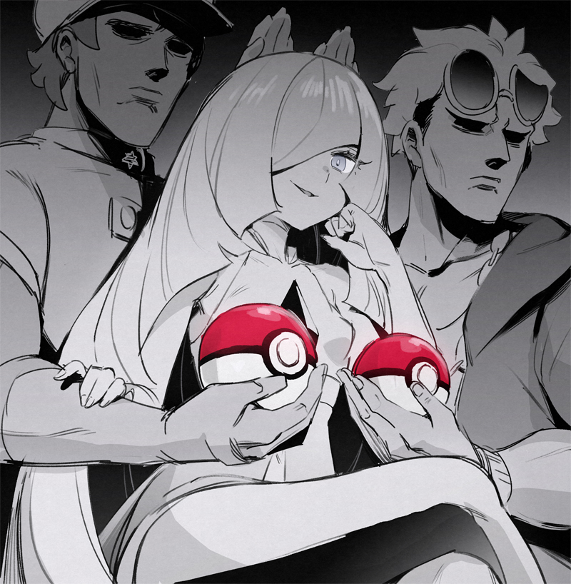 1girl 2boys aether_foundation_employee bangs breasts crossed_legs eyewear_on_head greyscale guzma_(pokemon) hair_over_one_eye hat holding holding_poke_ball limited_palette long_hair lusamine_(pokemon) meme monochrome multiple_boys parody poke_ball poke_ball_(basic) pokemon pokemon_(game) pokemon_sm shuumatsu_no_valkyrie small_breasts smile toku_(ke7416613) very_long_hair