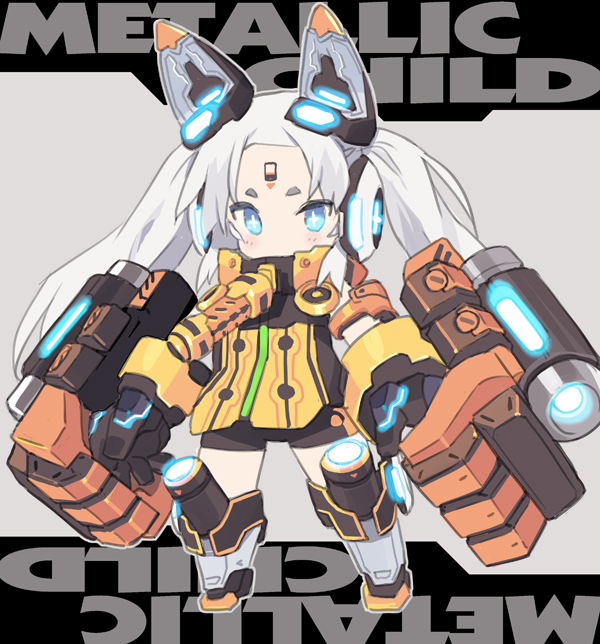 1girl black_gloves black_leotard blade_(galaxist) blue_eyes blush character_request chibi commentary_request facial_mark forehead_mark full_body gloves glowing grey_footwear headgear kneebar leotard long_hair looking_at_viewer mecha_musume metallic_child short_eyebrows solo standing thick_eyebrows twintails very_long_hair white_hair