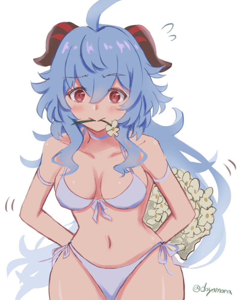 1girl :&gt; ahoge arms_behind_back bangs bikini blue_hair blush bouquet breasts commentary_request doyamona eyebrows_visible_through_hair flower flower_in_mouth front-tie_bikini front-tie_top ganyu_(genshin_impact) genshin_impact goat_horns holding holding_bouquet horns long_hair medium_breasts nervous red_eyes signature simple_background solo swimsuit upper_body wavy_hair white_background white_bikini white_flower