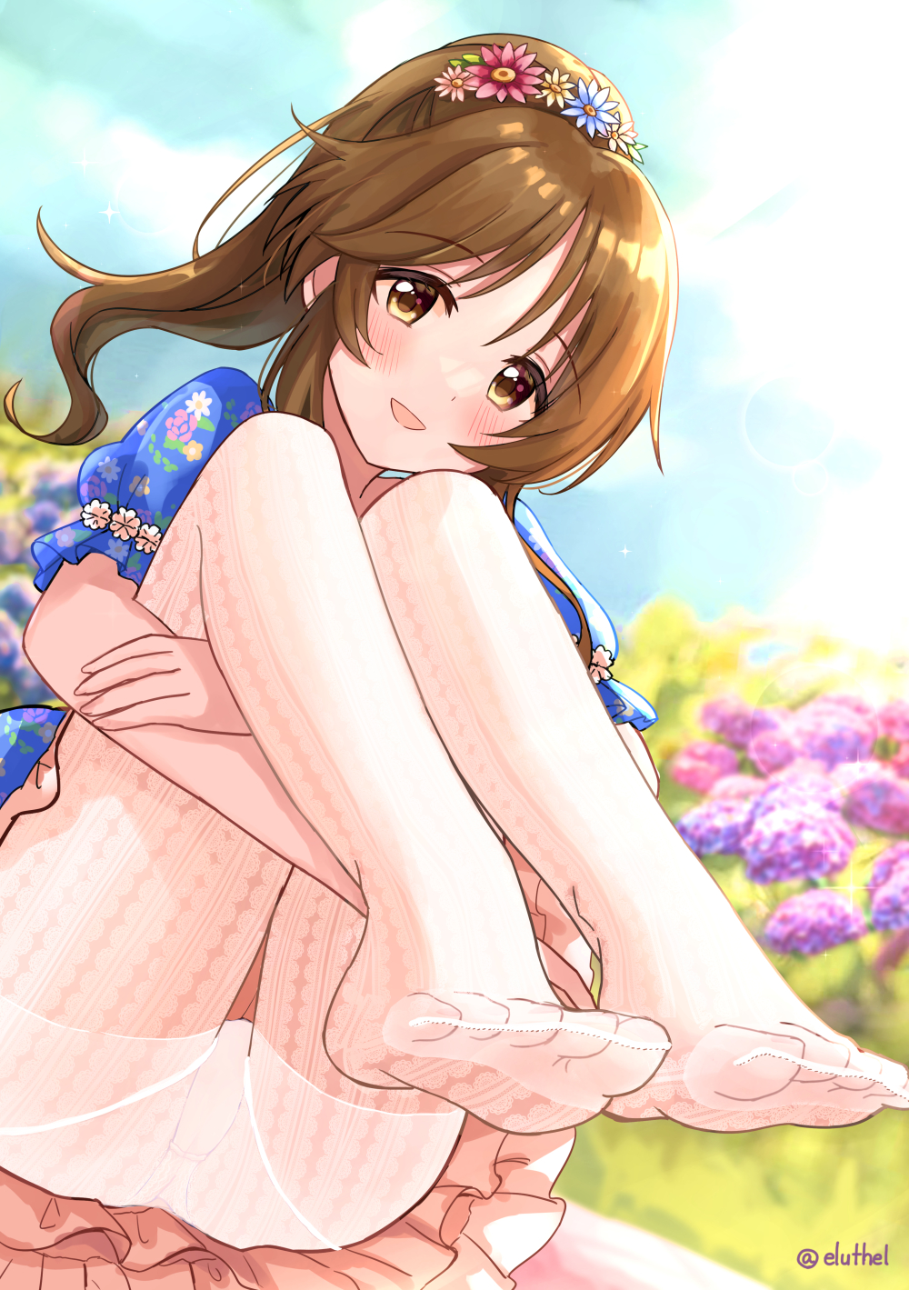 1girl :d bangs blue_shirt blue_sky blush brown_eyes brown_hair eluthel flower hair_flower hair_ornament highres hydrangea idolmaster idolmaster_cinderella_girls long_hair looking_at_viewer open_mouth outdoors panties panties_under_pantyhose pantyhose pink_skirt ponytail puffy_sleeves reward_available shirt sidelocks sitting skirt sky smile soles solo takamori_aiko toes twitter_username underwear upskirt white_legwear yellow_eyes