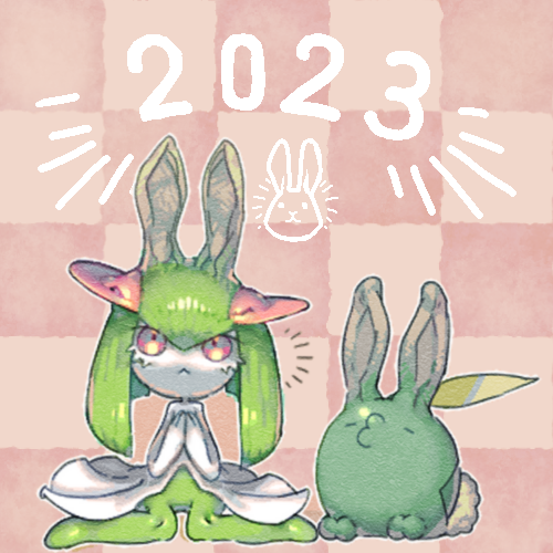 1girl 2023 alternate_species animal_ears checkered_background chinese_zodiac closed_eyes colored_skin commentary dated dated_commentary flat_chest full_body green_hair green_skin gulpin hair_between_eyes hands_on_own_chest hands_up kirlia long_hair looking_up lowres multicolored_skin notice_lines o3o outline own_hands_together oyama_yoihaya pokemon pokemon_(creature) rabbit_ears rabbit_girl red_background red_eyes sidelocks sitting straight-on two-tone_skin wariza white_outline white_skin year_of_the_rabbit