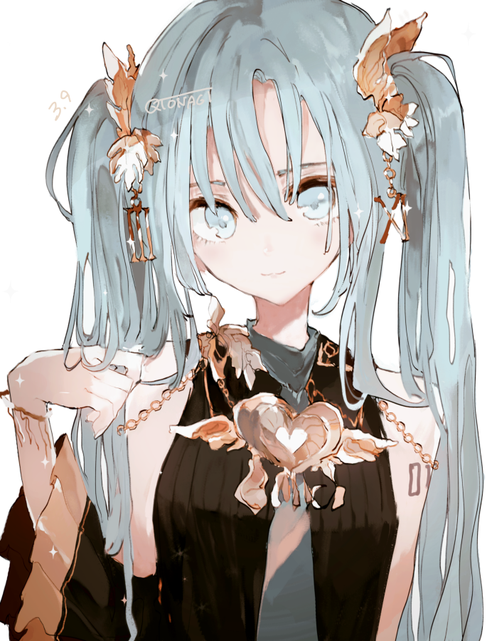 1girl artist_name asahiro bare_shoulders black_dress bracelet chain closed_mouth commentary dress gold_chain grey_neckwear hair_between_eyes hair_ornament hand_up hatsune_miku jewelry light_blue_eyes light_blue_hair long_hair looking_at_viewer necktie number portrait ribbed_dress roman_numeral simple_background solo tattoo twintails vocaloid white_background wide_sleeves