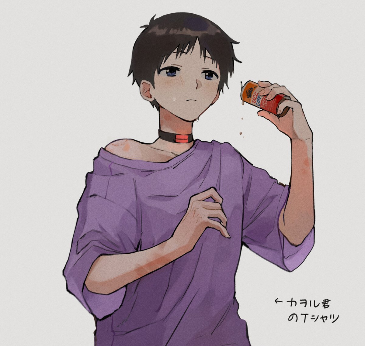 1boy bite_mark blue_eyes brown_hair can canned_coffee choker closed_mouth collarbone commentary_request dango_(uni_520) dripping eyebrows_visible_through_hair grey_background hickey ikari_shinji light_blush looking_away male_focus neon_genesis_evangelion purple_shirt rebuild_of_evangelion shirt short_hair short_sleeves simple_background solo sweat translation_request upper_body