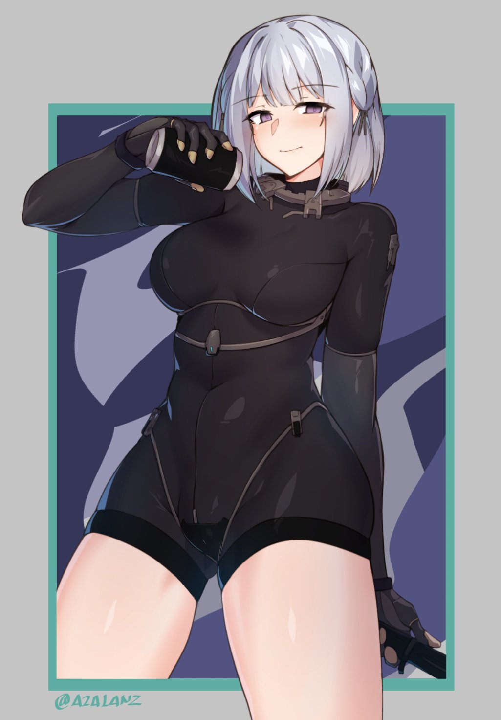 1girl bangs black_bodysuit bodysuit border breasts combat_knife covered_navel eyebrows_visible_through_hair girls_frontline gloves grey_border highres holding holding_knife knife looking_at_viewer medium_breasts outside_border rpk-16_(girls_frontline) short_hair silver_hair skin_tight smile solo thighs tilt-shift twitter_username violet_eyes weapon