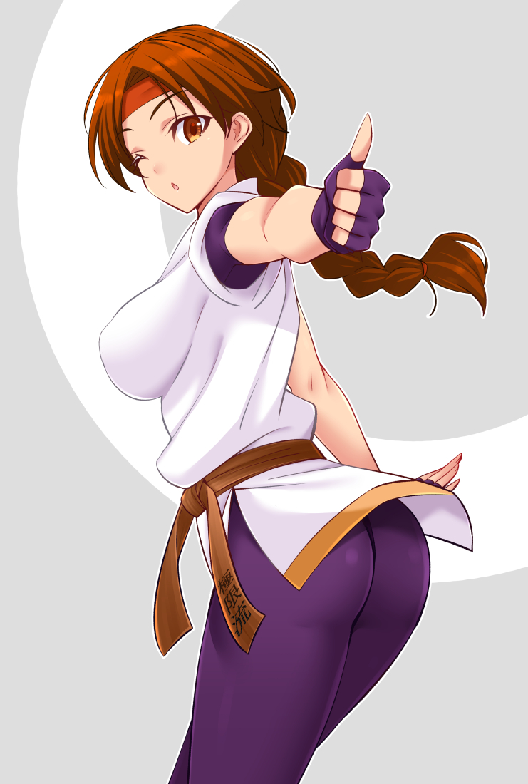 1girl ass braid breasts brown_eyes brown_hair dougi fingerless_gloves gabayo gloves headband large_breasts long_hair looking_at_viewer one_eye_closed ryuuko_no_ken single_braid solo spandex the_king_of_fighters yuri_sakazaki