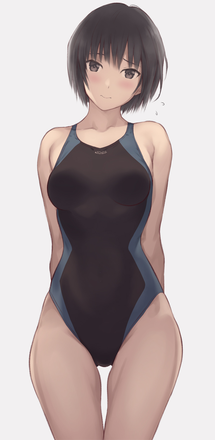1girl amagami arms_behind_back black_eyes black_hair black_swimsuit breasts clothes_writing collarbone commentary_request competition_school_swimsuit cowboy_shot head_tilt highres looking_at_viewer nanasaki_ai serizawa_(serizawaroom) short_hair simple_background small_breasts solo standing swimsuit thigh_gap two-tone_swimsuit white_background
