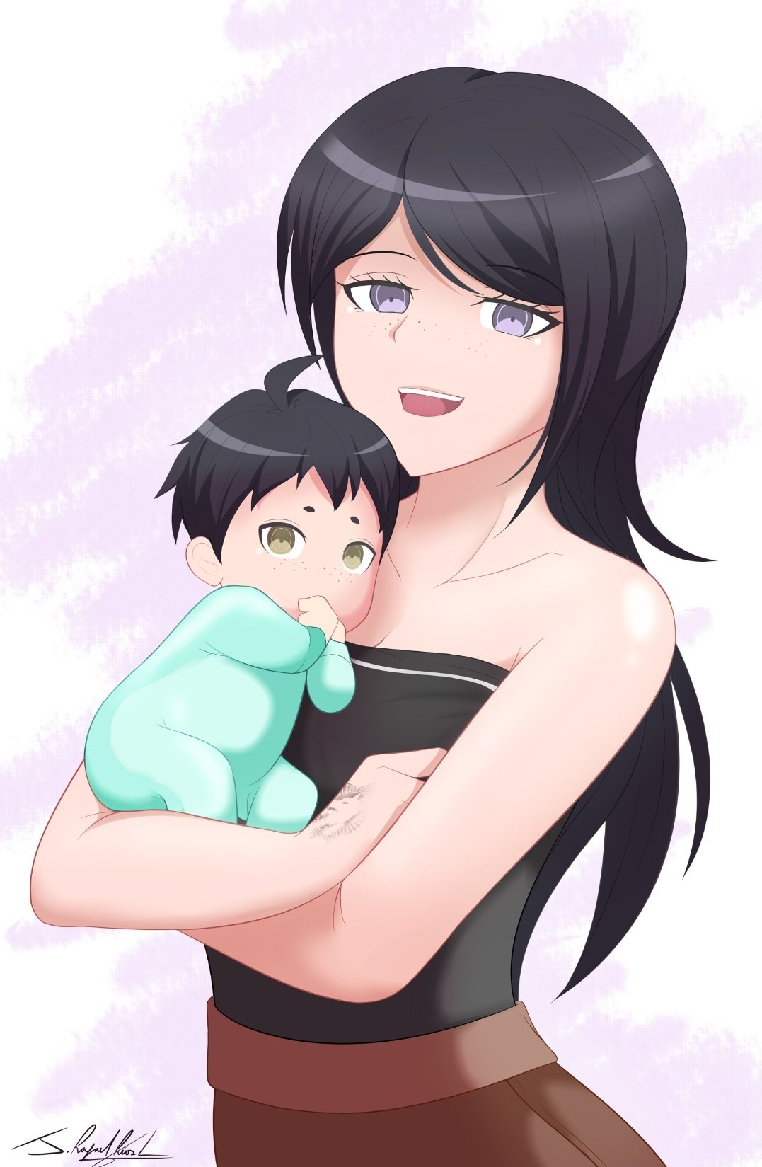 1boy 1girl ahoge alternate_costume alternate_hair_length alternate_hairstyle baby bare_shoulders black_dress black_hair brown_skirt collarbone commission dangan_ronpa:_trigger_happy_havoc dangan_ronpa_(series) dress english_commentary eyebrows_visible_through_hair freckles green_eyes highres holding holding_baby if_they_mated ikusaba_mukuro long_hair looking_at_viewer mother_and_son neolink077 open_mouth purple_eyes shirt signature skirt sleeveless sleeveless_dress smile strapless strapless_dress tube_dress