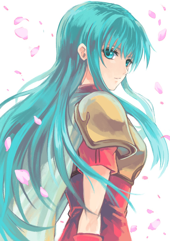 1girl akr369akr aqua_eyes armor blue_hair breastplate cape cherry_blossoms closed_mouth eirika_(fire_emblem) fire_emblem fire_emblem:_the_sacred_stones floating_hair from_side long_hair looking_at_viewer looking_back red_shirt shiny shiny_hair shirt short_sleeves shoulder_armor sidelocks smile solo upper_body very_long_hair white_background white_cape