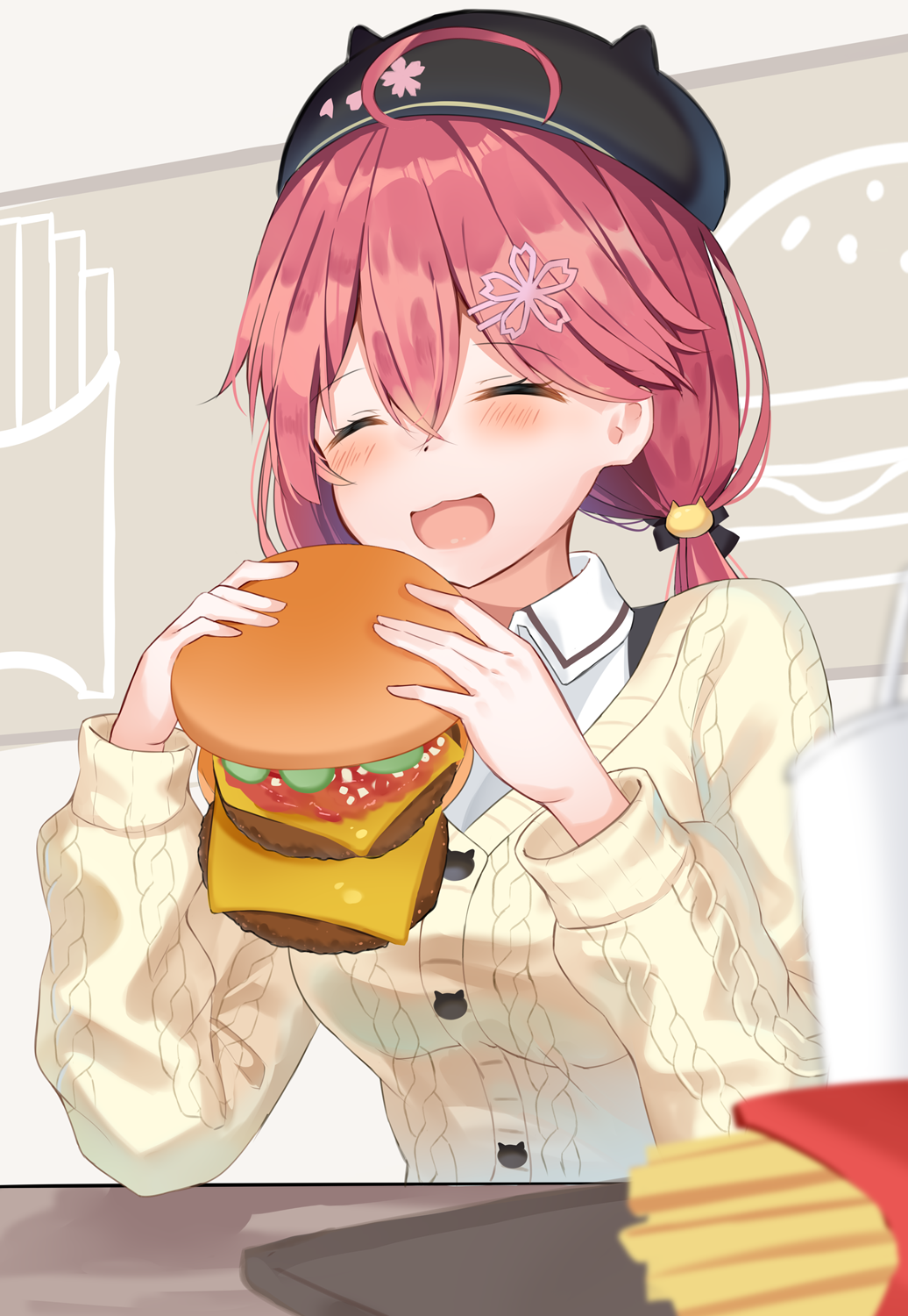 1girl :d ahoge blush burger burger_malfunction casual closed_eyes failure fast_food food french_fries hair_between_eyes hair_ornament hat highres hololive long_hair long_sleeves low_twintails mizuki_ryuu open_mouth pink_hair ribbed_sweater sakura_miko smile solo sweater twintails upper_body virtual_youtuber