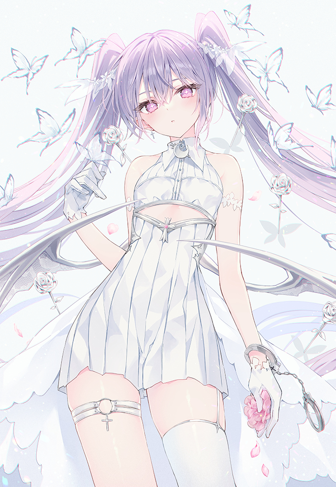 +_+ 1girl banned_artist bare_arms bare_shoulders bug butterfly cowboy_shot cuffs dress flat_chest garter_straps gloves handcuffs insect long_hair looking_at_viewer original parted_lips pink_eyes pleated_dress purple_hair rurudo short_dress single_thighhigh sleeveless sleeveless_dress solo thigh-highs thigh_strap thighs twintails very_long_hair white_dress white_gloves white_legwear