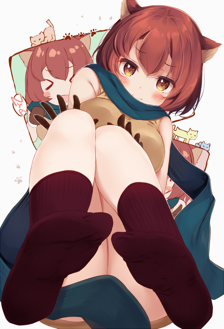 1girl animal_ears bangs black_gloves black_legwear blue_scarf blush breasts brown_eyes brown_sweater cat commentary_request fang gloves komone_ushio large_breasts looking_at_viewer medium_hair no_shoes nyan original paw_print scarf skin_fang socks soles solo sweater