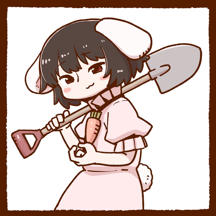 1girl :3 animal_ears bangs black_hair blush_stickers border bunny_tail carrot_necklace dress holding holding_shovel inaba_tewi looking_at_viewer money_gesture over_shoulder pink_dress poronegi rabbit_ears red_eyes short_hair short_sleeves shovel solo tail touhou white_background