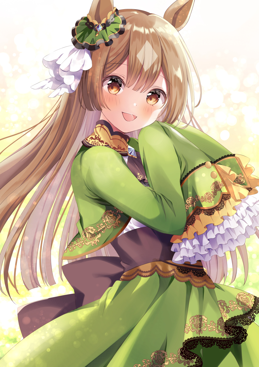 1girl :d animal_ears ascot bangs black_neckwear blush bow brown_eyes brown_hair commentary_request cropped_jacket ear_ribbon eyebrows_visible_through_hair frilled_sleeves frills from_side green_jacket green_skirt hair_bow hand_on_own_cheek hand_on_own_face hands_up highres horse_ears horse_girl jacket long_hair long_sleeves looking_at_viewer looking_to_the_side open_mouth ribbon sakura_(ichisakupink) satono_diamond skirt sleeves_past_fingers sleeves_past_wrists smile solo umamusume