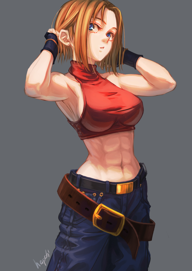 1girl abs armpits baggy_pants bare_shoulders blonde_hair blue_eyes blue_mary breasts crop_top denim fatal_fury fingerless_gloves forehead gloves grey_background halter_top halterneck hands_in_hair hapchi large_breasts looking_at_viewer midriff muscular muscular_female pants red_shirt shirt short_hair signature simple_background sleeveless solo straight_hair the_king_of_fighters