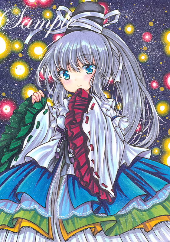 1girl bangs belt blue_dress blue_eyes blush bow closed_mouth danmaku dress dress_shirt eyebrows_visible_through_hair green_dress grey_background grey_hair grey_headwear hair_between_eyes hands_up hat long_hair long_sleeves looking_at_viewer marker_(medium) mononobe_no_futo multicolored multicolored_clothes multicolored_dress ponytail purple_belt purple_bow rui_(sugar3) shirt smile solo touhou traditional_media white_sleeves wide_sleeves yellow_dress