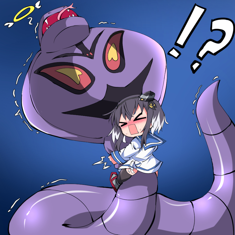 !? &gt;_&lt; 1girl anchor_symbol arbok black_hair black_legwear blue_background blue_sailor_collar blush constriction crossover dain_961 dress fangs gen_1_pokemon halo hat kantai_collection long_sleeves mini_hat multicolored_hair open_mouth pokemon pokemon_(creature) role_reversal sailor_collar sailor_dress short_hair_with_long_locks silver_hair sweat thigh-highs tokitsukaze_(kancolle) tongue trembling white_dress you're_doing_it_wrong