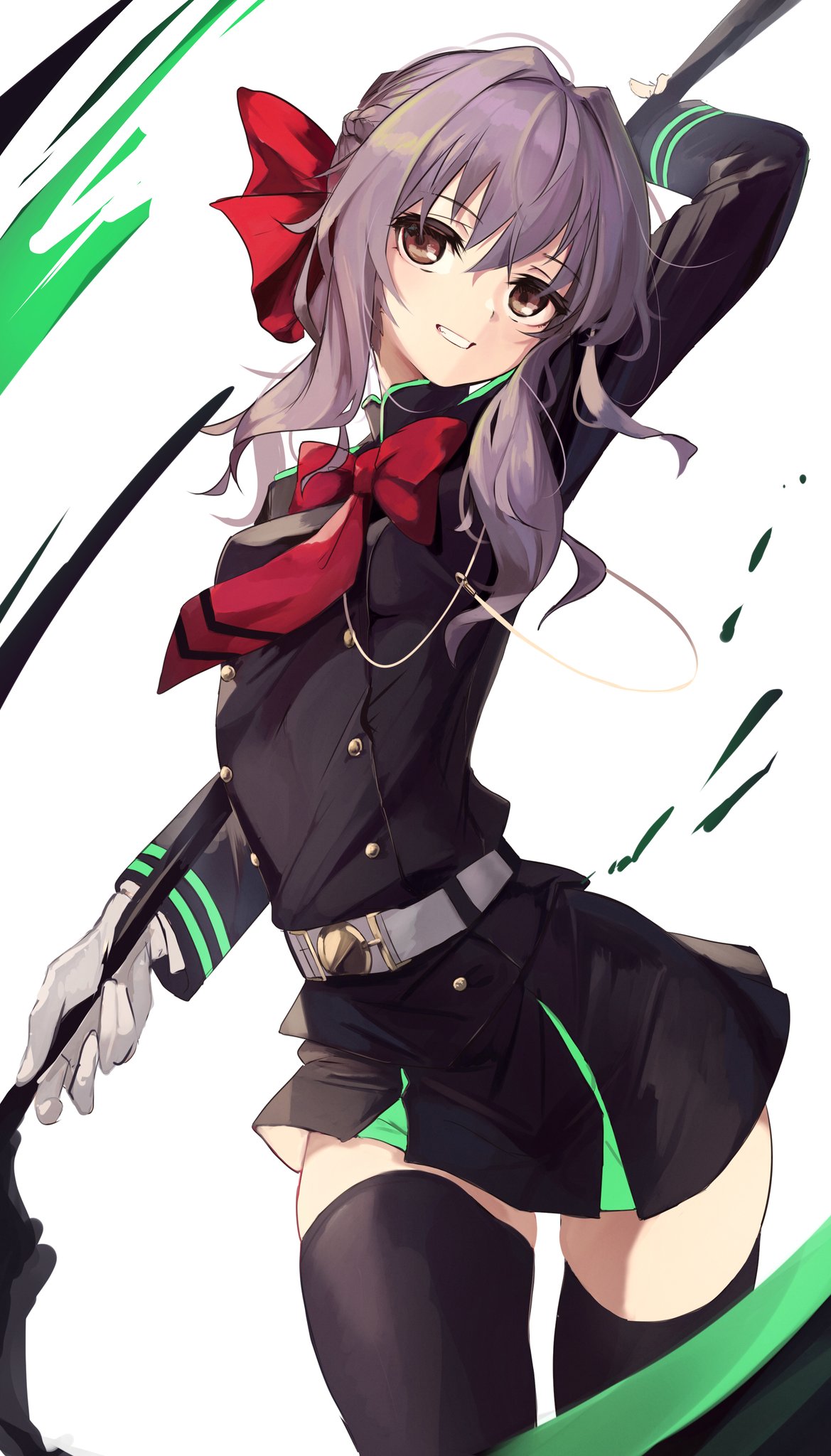 1girl bangs belt black_legwear bow braid breasts brown_eyes buttons commentary_request contrapposto cowboy_shot double-breasted french_braid gloves hair_between_eyes hair_bow highres hiiragi_shinoa holding holding_weapon long_hair long_sleeves looking_at_viewer lumo_1121 medium_breasts owari_no_seraph purple_hair red_neckwear scythe sidelocks simple_background skirt smile solo standing teeth thigh-highs uniform weapon white_gloves zettai_ryouiki