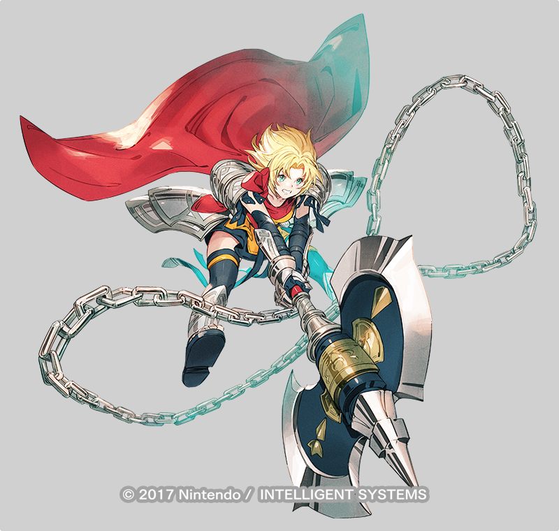 1girl amelia_(fire_emblem) arm_guards armor axe blonde_hair blue_legwear bob_cut cape chain clenched_teeth commentary_request copyright_name elbow_gloves eyebrows_visible_through_hair fire_emblem fire_emblem:_the_sacred_stones fire_emblem_heroes gauntlets gloves greaves green_eyes grey_background hip_armor holding holding_axe huge_weapon jumping miniskirt official_alternate_costume official_art pauldrons red_cape sandals short_hair shoulder_armor simple_background skirt solo taroji teeth thigh-highs watermark weapon yellow_skirt zettai_ryouiki