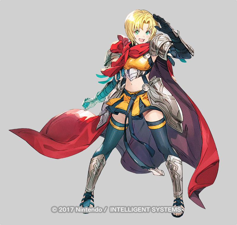 1girl amelia_(fire_emblem) arm_guards arm_up armor armpit_peek blonde_hair blue_legwear bob_cut cape clenched_hand commentary_request copyright_name elbow_gloves eyebrows_visible_through_hair fire_emblem fire_emblem:_the_sacred_stones fire_emblem_heroes gauntlets gloves greaves green_eyes grey_background happy hip_armor looking_at_viewer midriff miniskirt navel official_alternate_costume official_art open_mouth pauldrons pleated_skirt red_cape salute sandals short_hair shoulder_armor simple_background skirt smile solo taroji thigh-highs underbust watermark yellow_skirt zettai_ryouiki