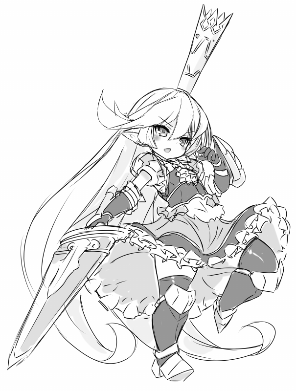 1girl arm_shield armor bangs blush breastplate charlotta_fenia crown dress elbow_gloves eyebrows_visible_through_hair frilled_dress frills full_body gloves granblue_fantasy greyscale hair_between_eyes harvin holding holding_sword holding_weapon karukan_(monjya) long_hair mini_crown monochrome open_mouth pointy_ears puffy_short_sleeves puffy_sleeves short_sleeves simple_background sketch solo standing standing_on_one_leg sword thigh-highs v-shaped_eyebrows very_long_hair weapon white_background