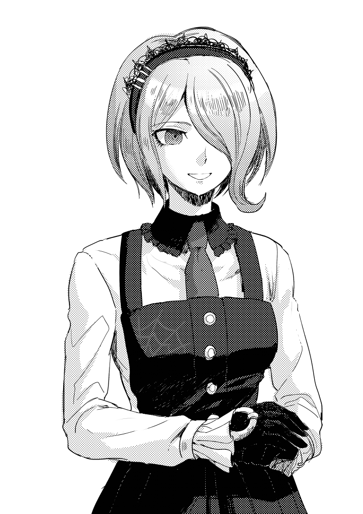 1girl aoki_(fumomo) bangs collared_shirt commentary_request cowboy_shot dangan_ronpa_(series) dangan_ronpa_v3:_killing_harmony dress gloves grey_background greyscale grin hair_ornament hair_over_one_eye long_sleeves looking_at_viewer maid_headdress monochrome necktie own_hands_together pinafore_dress shirt short_hair simple_background smile solo toujou_kirumi upper_body vest white_background