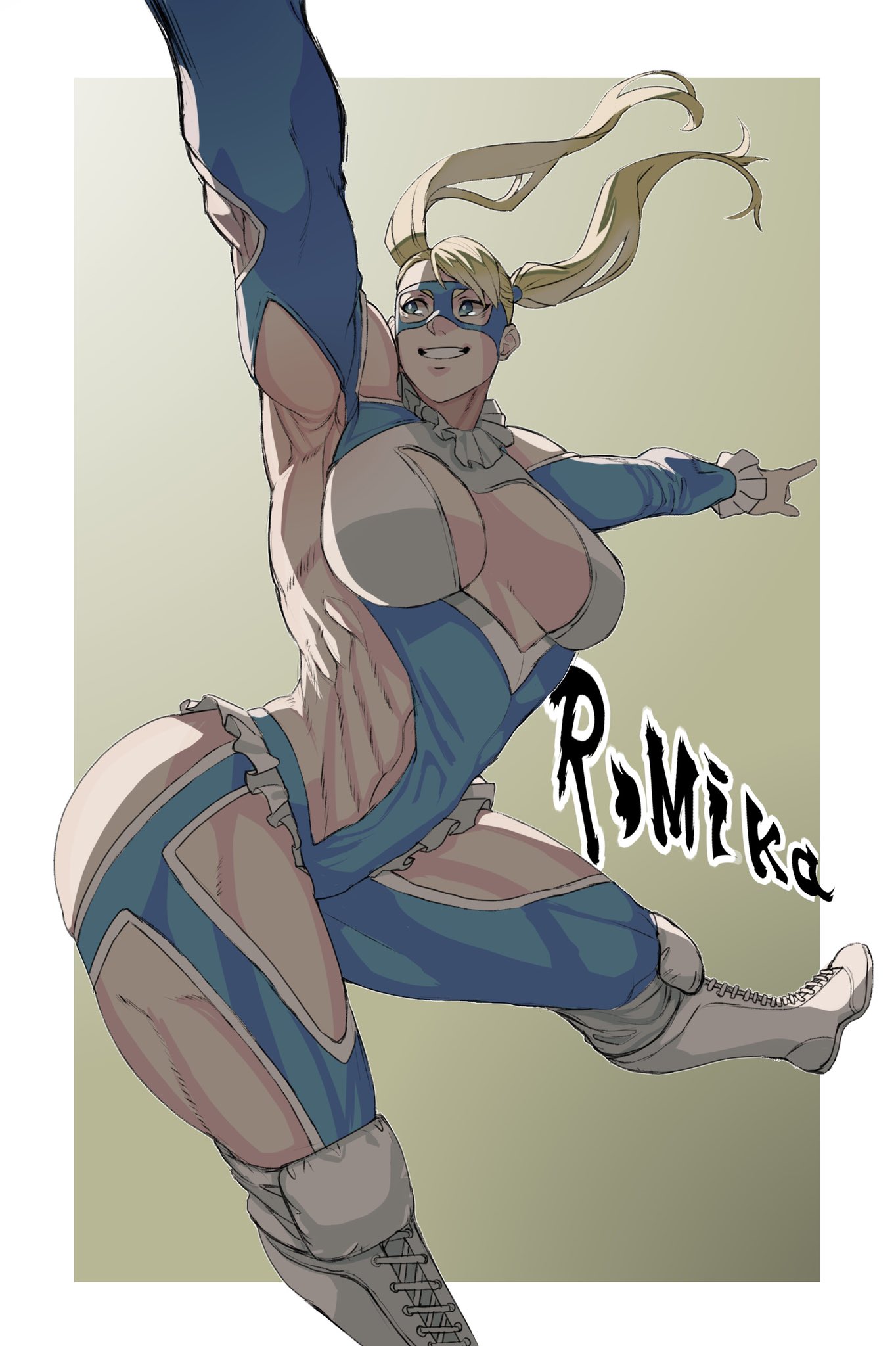 1girl arm_up armpits ass bare_shoulders blue_eyes border character_name cleavage_cutout clothing_cutout frilled_leotard frills gradient gradient_background highres leotard long_hair mask muscular muscular_female parted_lips pointing rainbow_mika roku_(rokusuppo) shoulder_cutout smile solo street_fighter teeth twintails white_border white_footwear wrestler